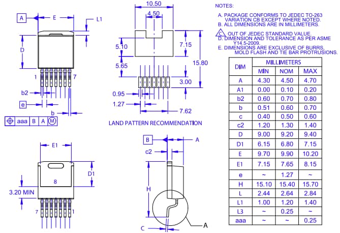 Plan mécanique - onsemi MOSFET au carbure de silicium (SiC) NVBG050N170M1