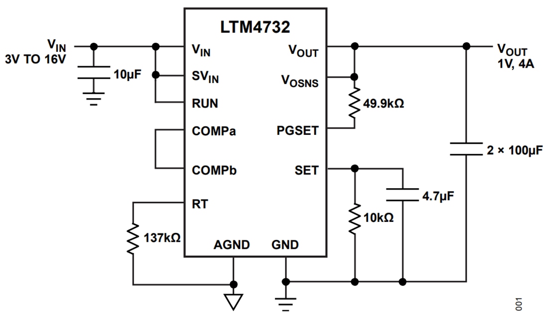 Schéma du circuit d'application - Analog Devices Inc. Régulateurs μModule® LTM4732 abaisseur