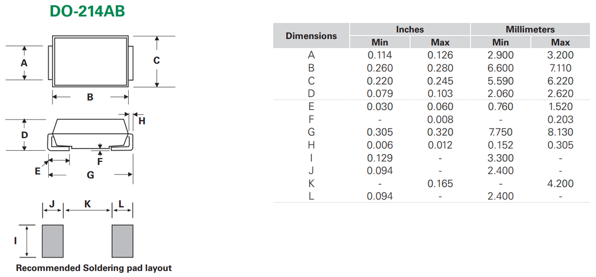Plan mécanique - Littelfuse Thyristors de protection SIDACtor® Pxx00S3G-A