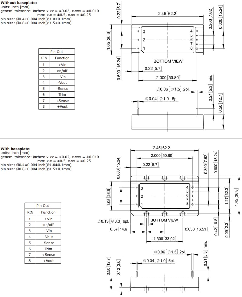 Plan mécanique - CUI Inc Convertisseurs CC-CC PRA100 de 100 W
