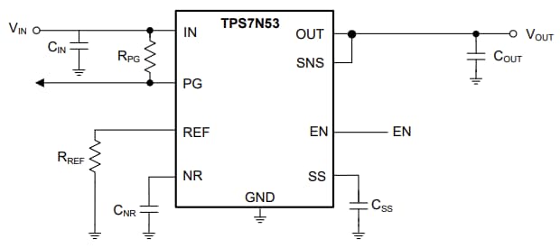 Schéma du circuit d'application - Texas Instruments Régulateur linéaire à ultra-faible perte de niveau (LDO) TPS7N53