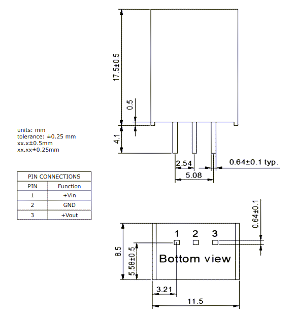 Plan mécanique - CUI Inc Convertisseurs CC-CC P78B-2000 non isolés de 2 A