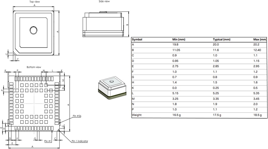 Plan mécanique - u-blox DAN-F10N Module d'antenne GNSS intelligent double bande L1/L5