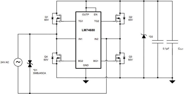Schéma du circuit d'application - Texas Instruments Contrôleur de pont de diode idéale LM74680