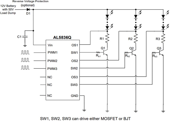 Schéma du circuit d'application - Diodes Incorporated Contrôleur MLI à trois canaux indépendants AL5836Q