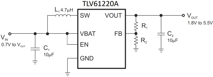 Schéma du circuit d'application - Texas Instruments Convertisseur élévateur à faible tension d'entrée TLV61220A