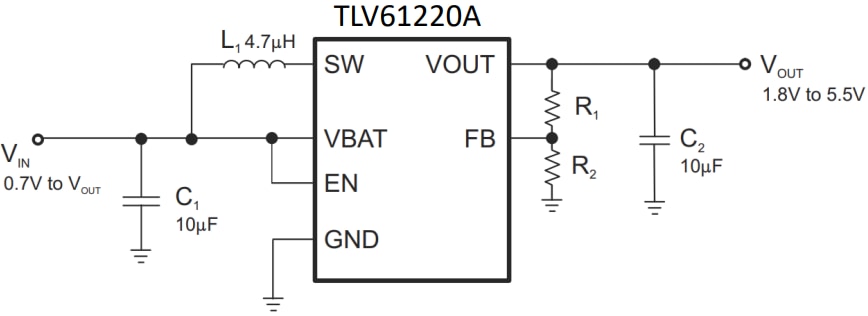 Schéma - Texas Instruments Convertisseur élévateur à faible tension d'entrée TLV61220A