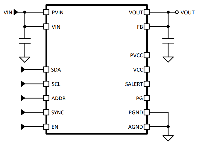 Schéma du circuit d'application - Microchip Technology Module de convertisseur Buck de commutation MCPF1412 16 V, 12 A