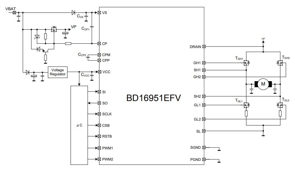 Schéma du circuit d'application - ROHM Semiconductor Pilote de grille demi-point 2 canaux BD16951EFV-M