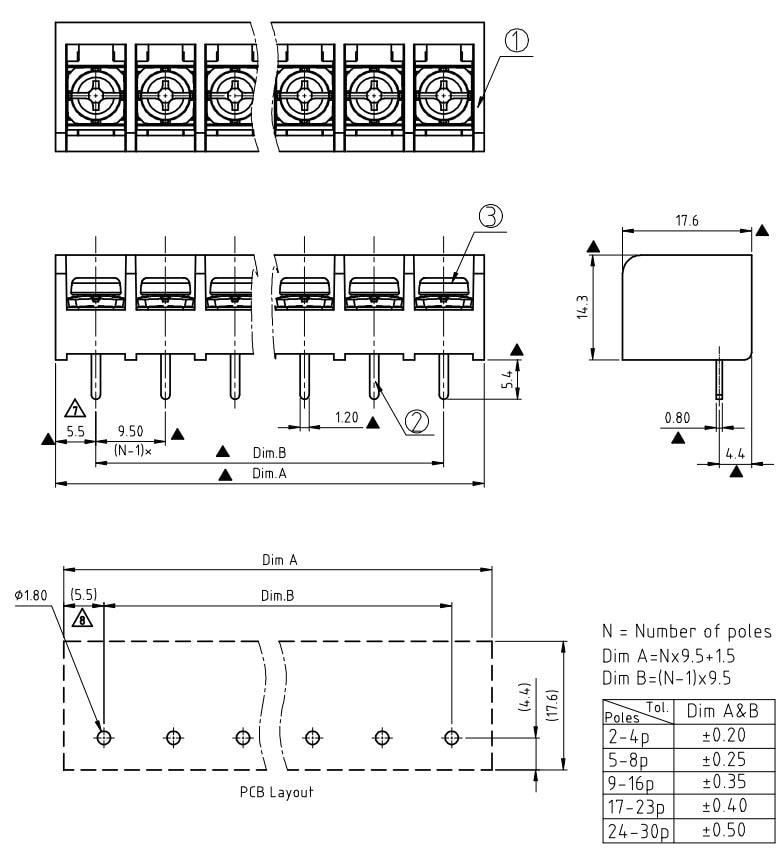 Plan mécanique - Amphenol Anytek YK441 Single-Row Barrier Terminal Blocks