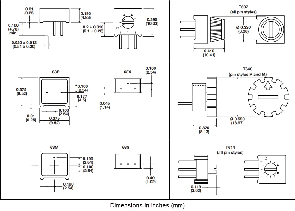 Plan mécanique - Vishay / Spectrol Résistance ajustable mono-tour carrée de 3/8 pouce série 63