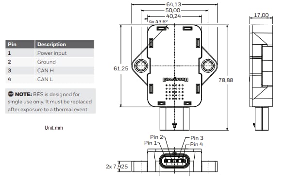 Mechanical Drawing - Honeywell BES Battery Safety Electrolyte Detector