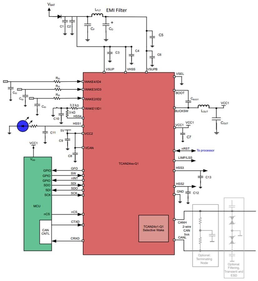Schéma du circuit d'application - Texas Instruments Puce de base de système SIC CAN FD TCAN245x-Q1 (SBC)