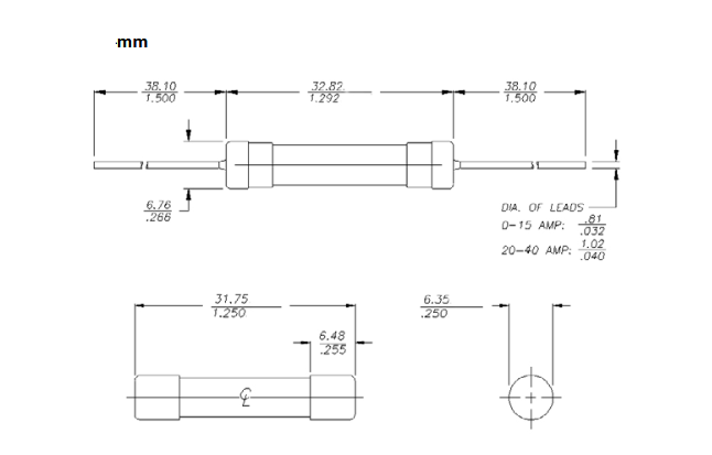 Mechanical Drawing - Eaton Electronics AGC Fast-Acting Glass Tube Fuses