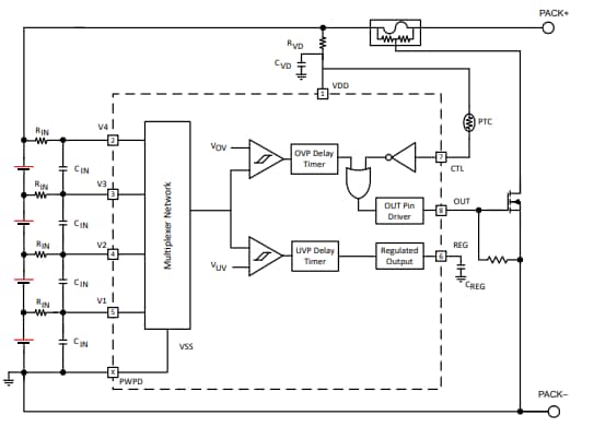 Schéma de principe - Texas Instruments Protecteurs contre la surtension et la surchauffe BQ2969T
