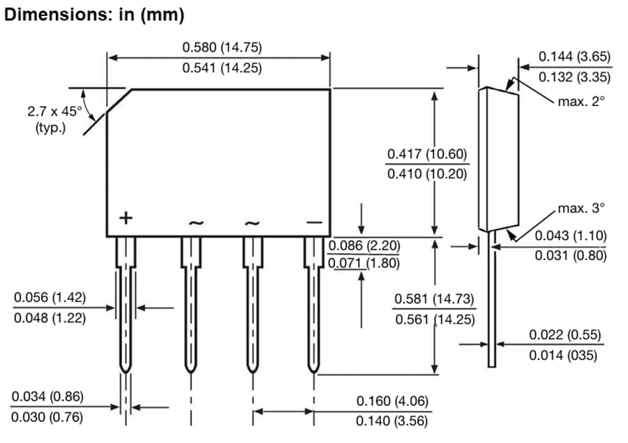 Plan mécanique - Vishay Semiconductors Pont redresseur en ligne simple KBPE0480