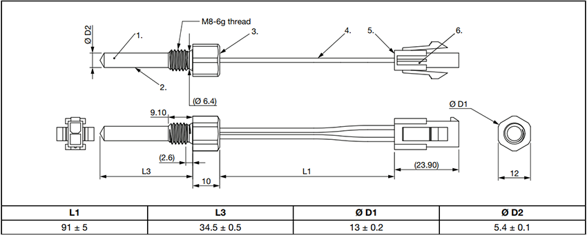 Plan mécanique - Vishay / BC Components Capteur de température NTC à immersion NTCASCW78A