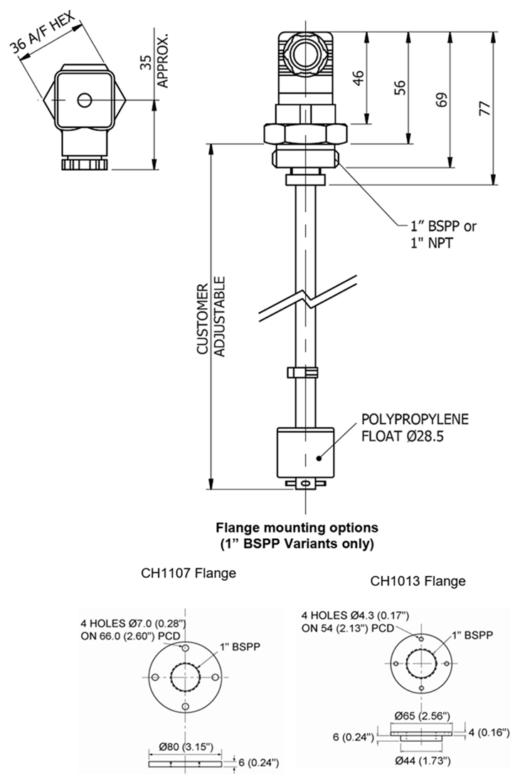 Plan mécanique - Amphenol Rochester Sensors Commutateurs à flotteur vertical réglable T/LL122