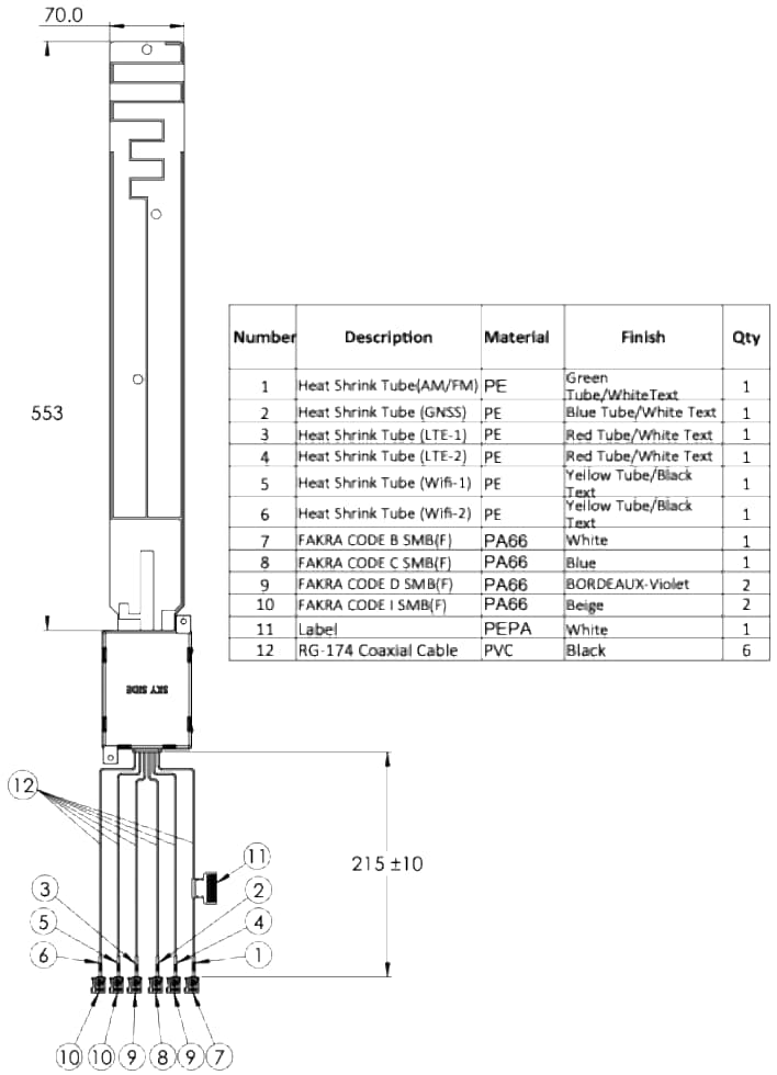Mechanical Drawing - Taoglas MA2336 GNSS, Dual 5G/4G, Dual Wi-Fi®, & TV Antenna
