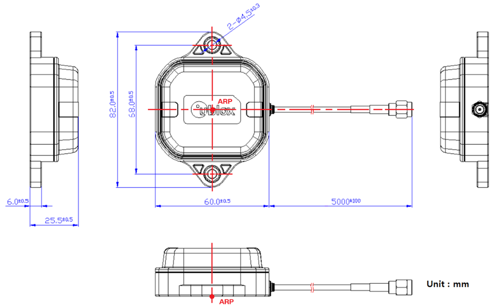 Plan mécanique - u-blox Antennes GNSS triple bande ANN-MB3 L1/L2/L5