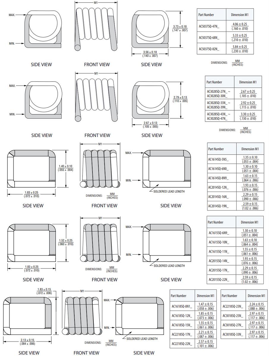 Plan mécanique - Bourns Inductances RF à bobine d'air ACxSQ