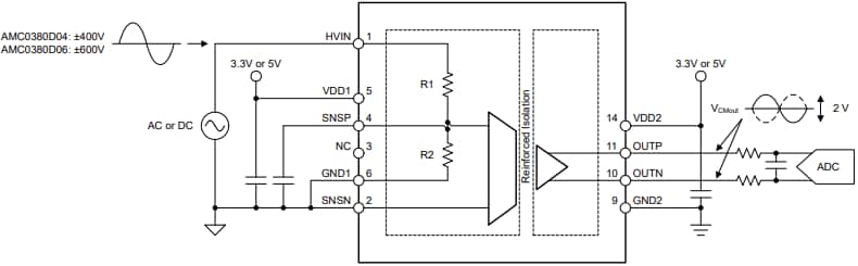 Schéma du circuit d'application - Texas Instruments Amplificateurs isolés AMC0380D et AMC0380D-Q1