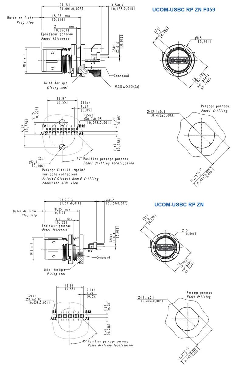 Plan mécanique - Amphenol Socapex Connecteurs & ensembles robustes μCOM USBC 3.2 Gen 2