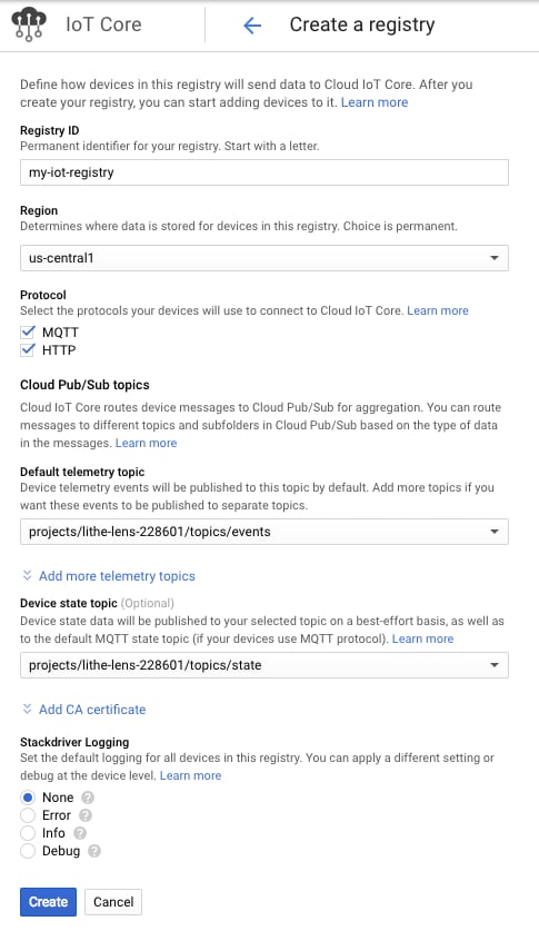 IoT Core registry settings establish the parameters that your registered devices will follow to send data to the cloud.