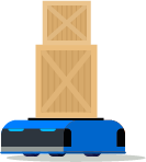 Animation of an autonomous robot moving a stack of boxes across a warehouse.