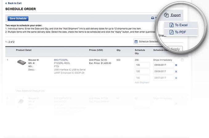 Exportez à partir des options du menu déroulant sur la page de planification de la commande.